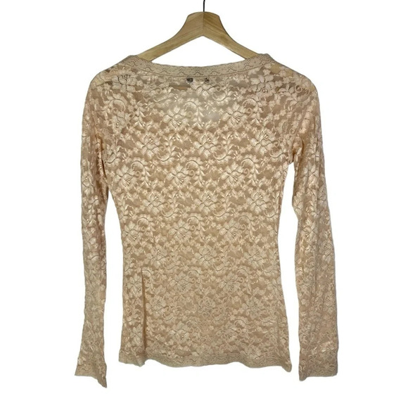 Moda International Beige Floral Y2K Lace Scoop Neck Long Sleeve S - Picture 2 of 3